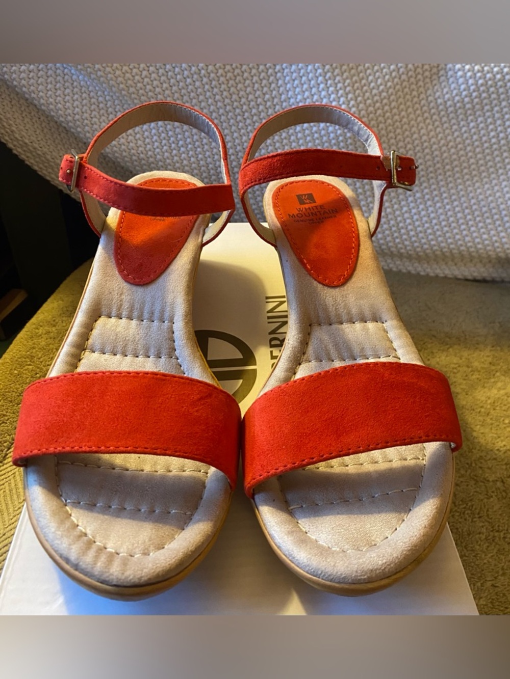 White Mountain Coral Red Suede Ankle-Strap Wedge Sandals memory foam footbed